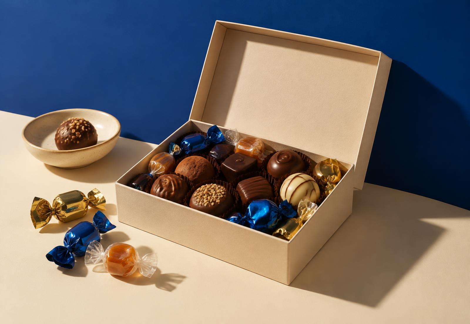 An open box of assorted pralines and wrapped sweets against a cobalt wall