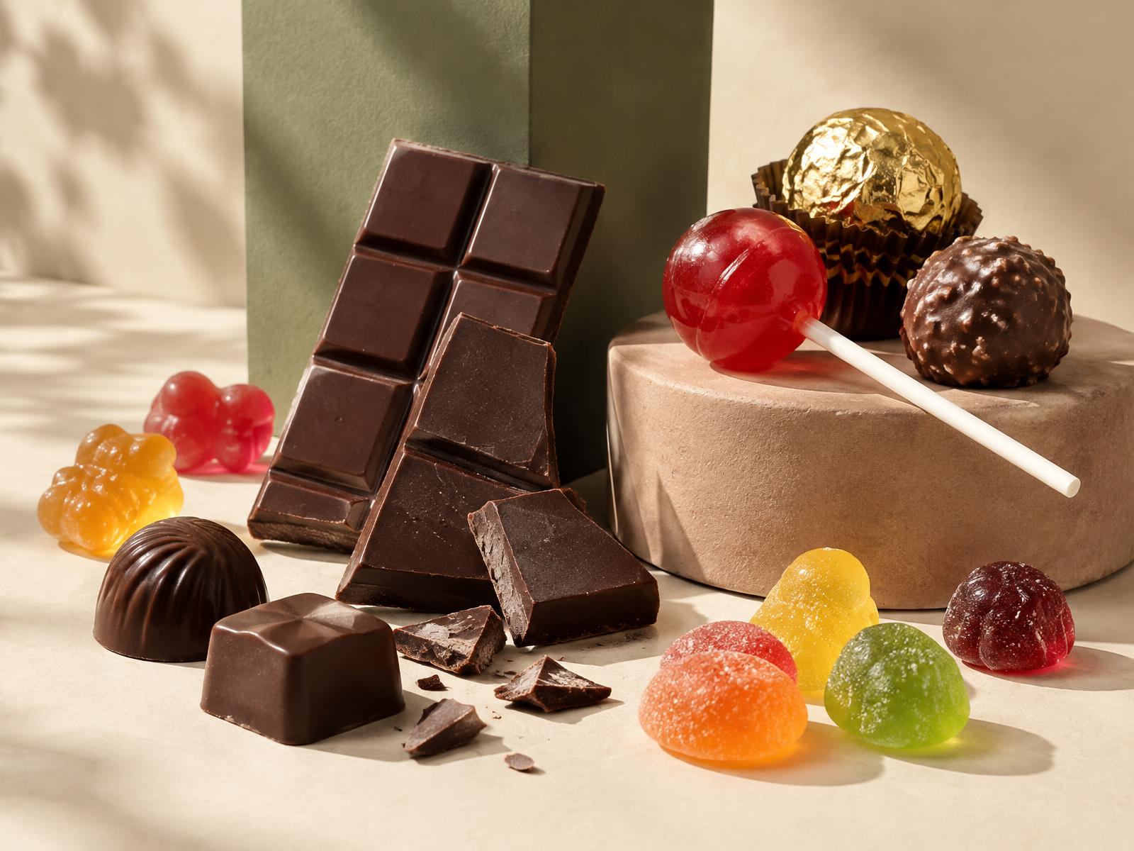 Still life of dark chocolate, fruit gummies, a red lollipop and pralines on an ivory set